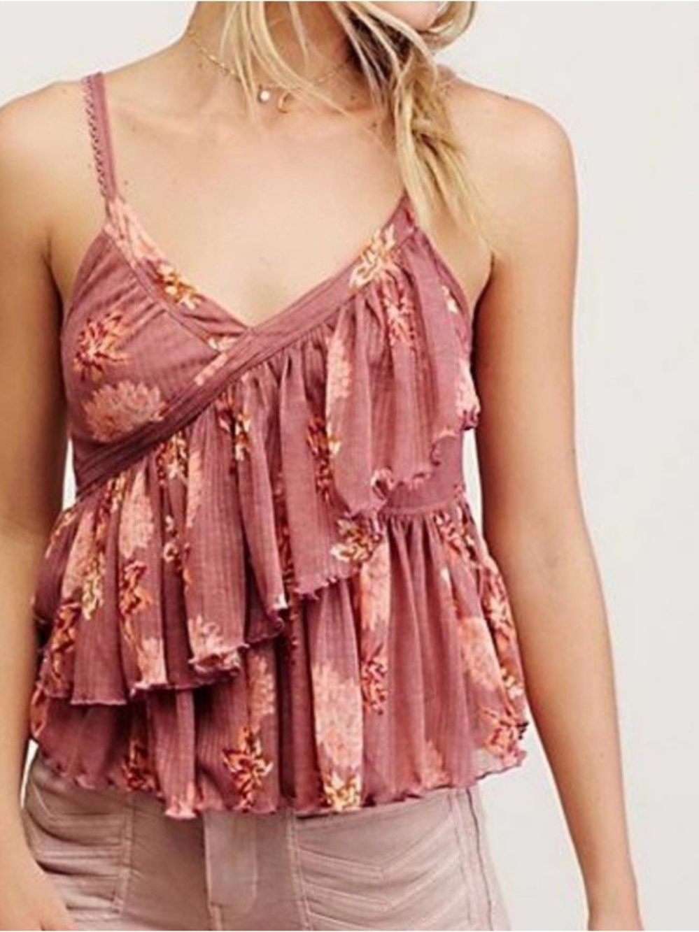 Free People Melbourne Floral Boho Ruffle Ribbed Tank Dusty Rose Tiered XS